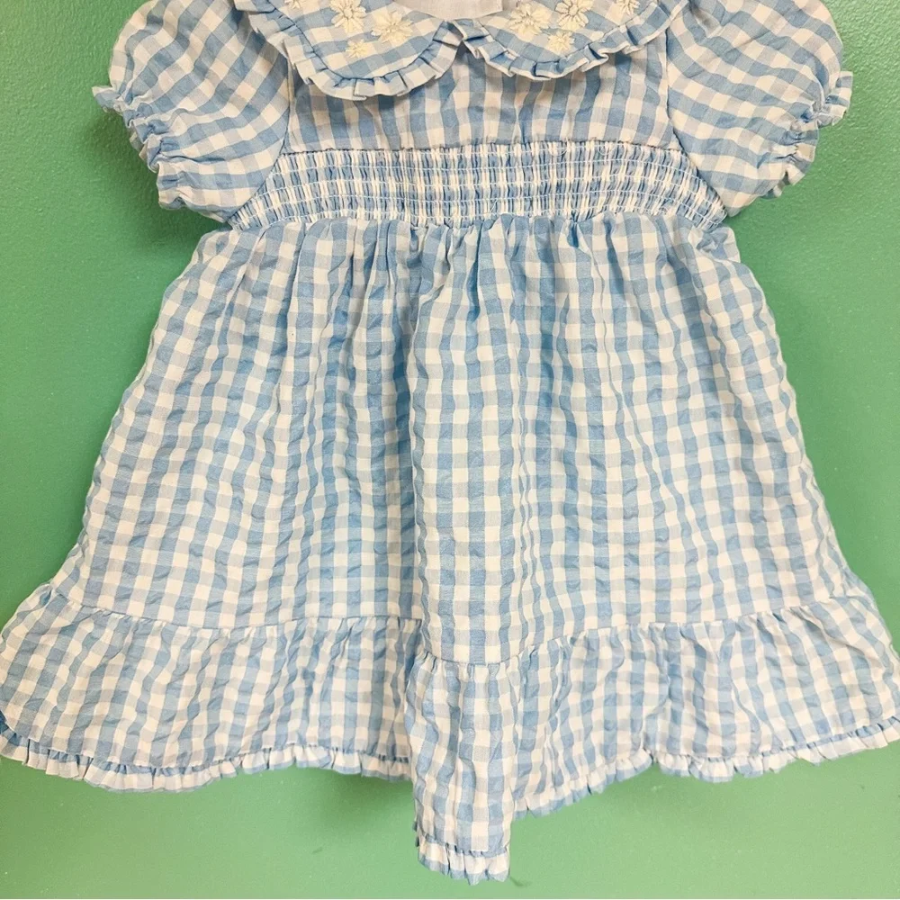NWOT Tahari Blue & White Gingham Peter Pan Collar Formal Dress Baby 6-9M